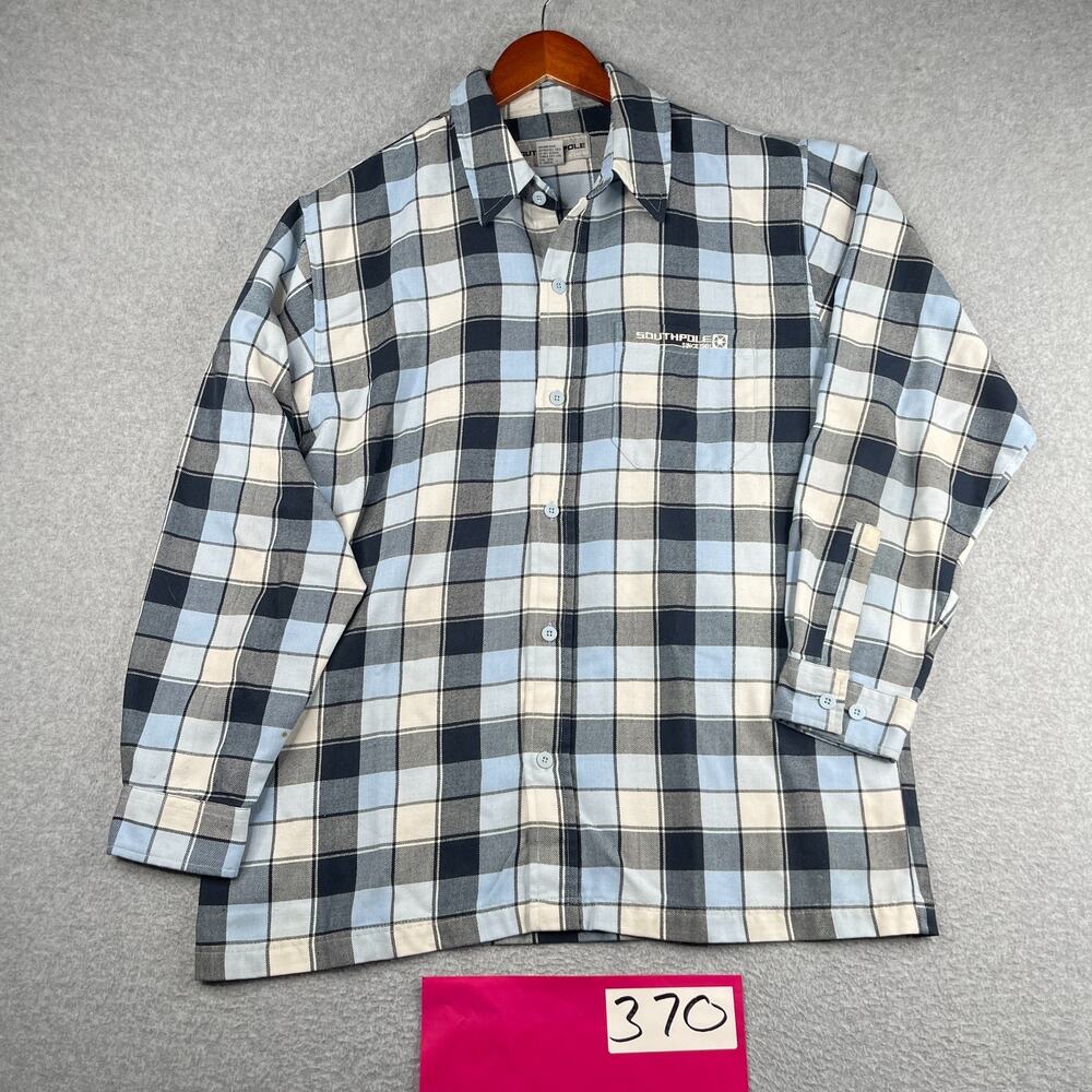 South Pole Flannel Shirt Medium Blue Black Plaid Button Up Long Sleeve Mens *SEE